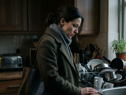 A high-functioning woman standing at her kitchen sink still dressed to go out, staring at dishes left behind, representing the mental load and the Leisure Gap in modern marriage.
