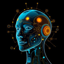 AI face, facing right, and has analytics, saving and automation icon in head