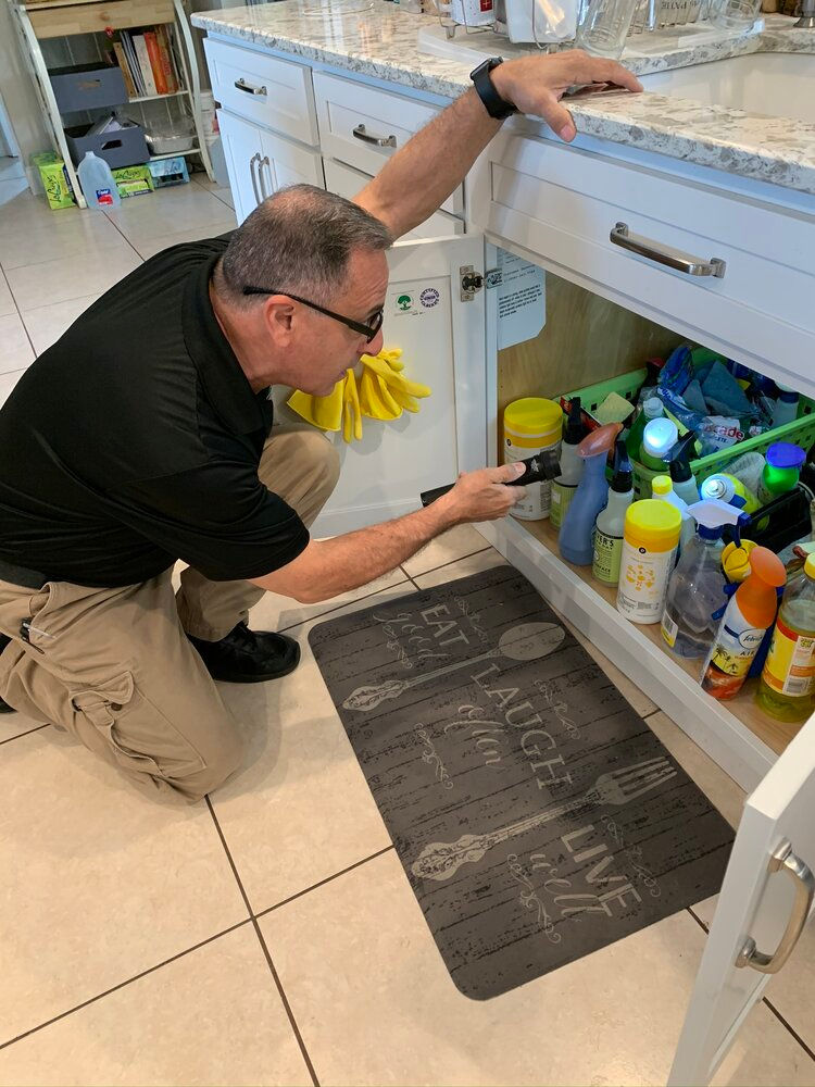 Inspecting sink base cabinet