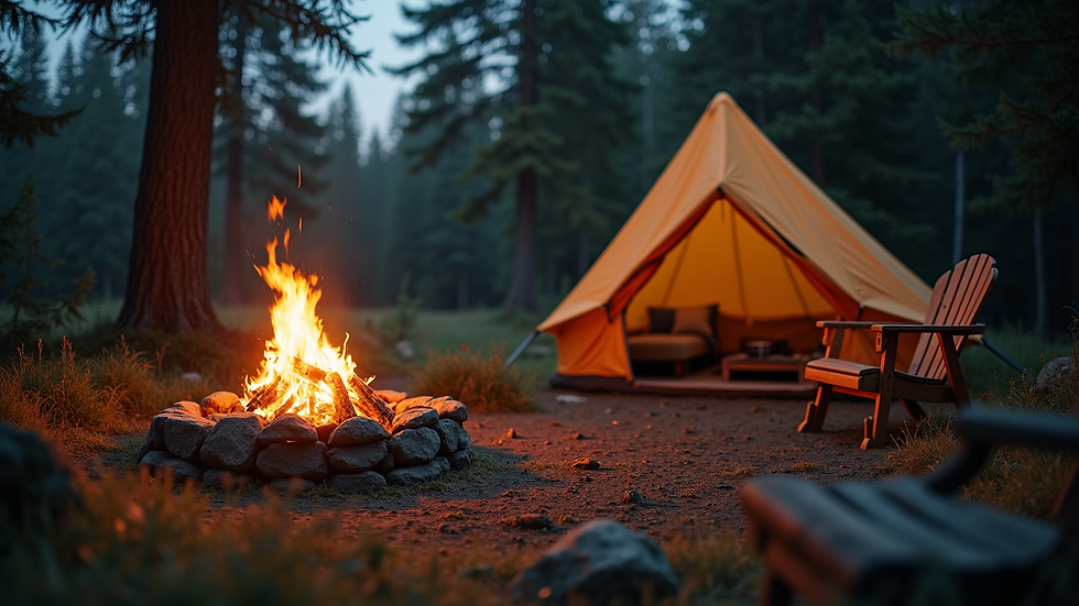 Eye-level view of a cozy campsite with a fire pit and seating area