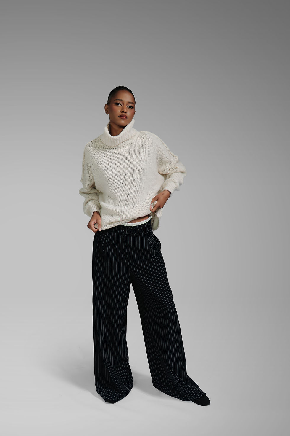 Thumbnail: PINS-STRIP PANTS WITH LACE DETAIL