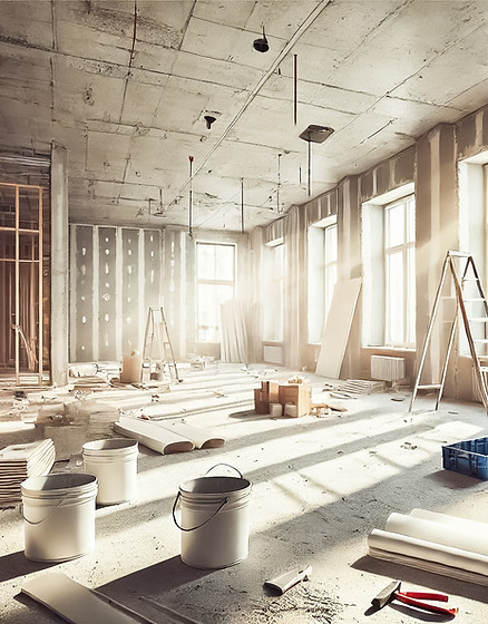 The image showcases a partially constructed room, featuring unpainted drywall with tape an