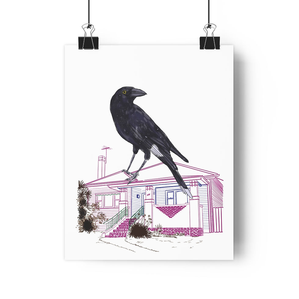 Thumbnail: Currawong Bird Australian Suburbia Giclée Art Print Black and Purple