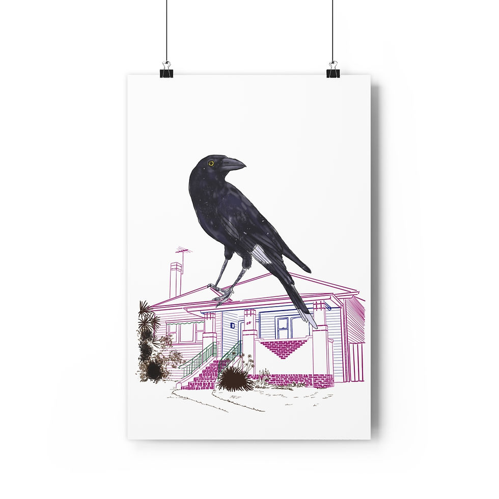 Thumbnail: Currawong Bird Australian Suburbia Giclée Art Print Black and Purple
