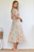 Floral , Short Sleeve, Midi Dress, Pink and Blue, side View