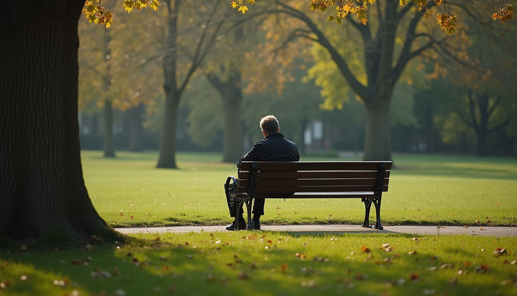 Eye-level view of a person sitting alone on a park bench looking thoughtful