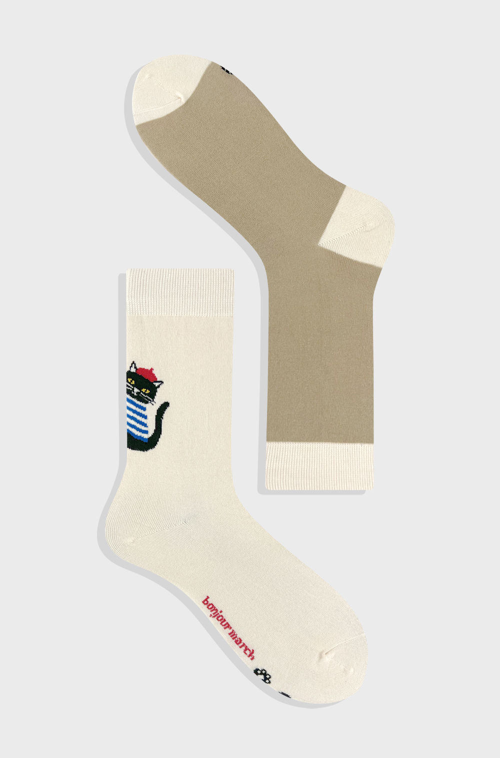 Parisian Cat Beige Crew Socks