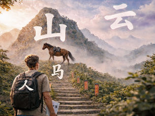 Un hombre con una mochila en la espalda al borde de una escalera en cuya lejanía hay un caballo al borde de una montaña con varios caracteres chinos sobre cada uno de estos elementos, en su conjunto esta imagen nos ilustra el arduo camino del aprendizaje del chino mandarin para hispanoparlantes.