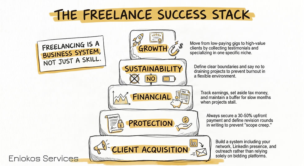 Infographic on The Freelance Success Stack with stacked blocks for growth, sustainability, finances, protection, and client acquisition.
