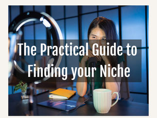 Smiling woman at desk with microphone, ring light, tablet, and mug. Text: The Practical Guide to Finding Your Niche.