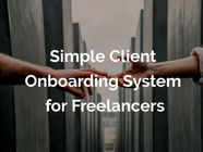 Two hands reaching toward each other, set against a gray architectural background. Text reads: Simple Client Onboarding System for Freelancers.