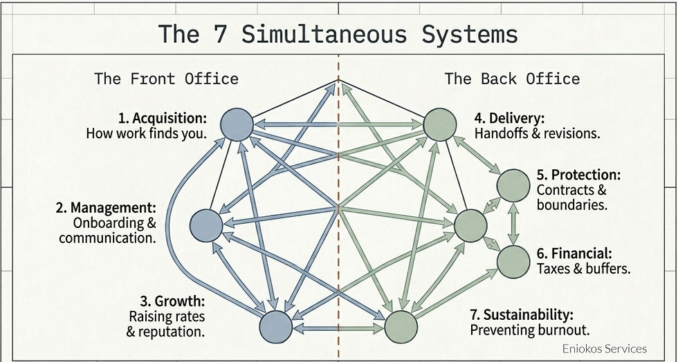 Diagram titled The 7 Simultaneous Systems shows linked blue and green nodes between Front Office and Back Office with labels.