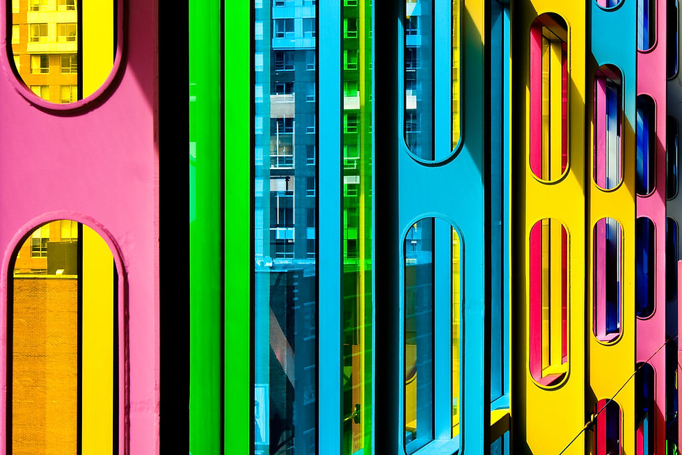 Colorful panels (pink, green, blue, and yellow) with clear oval panes