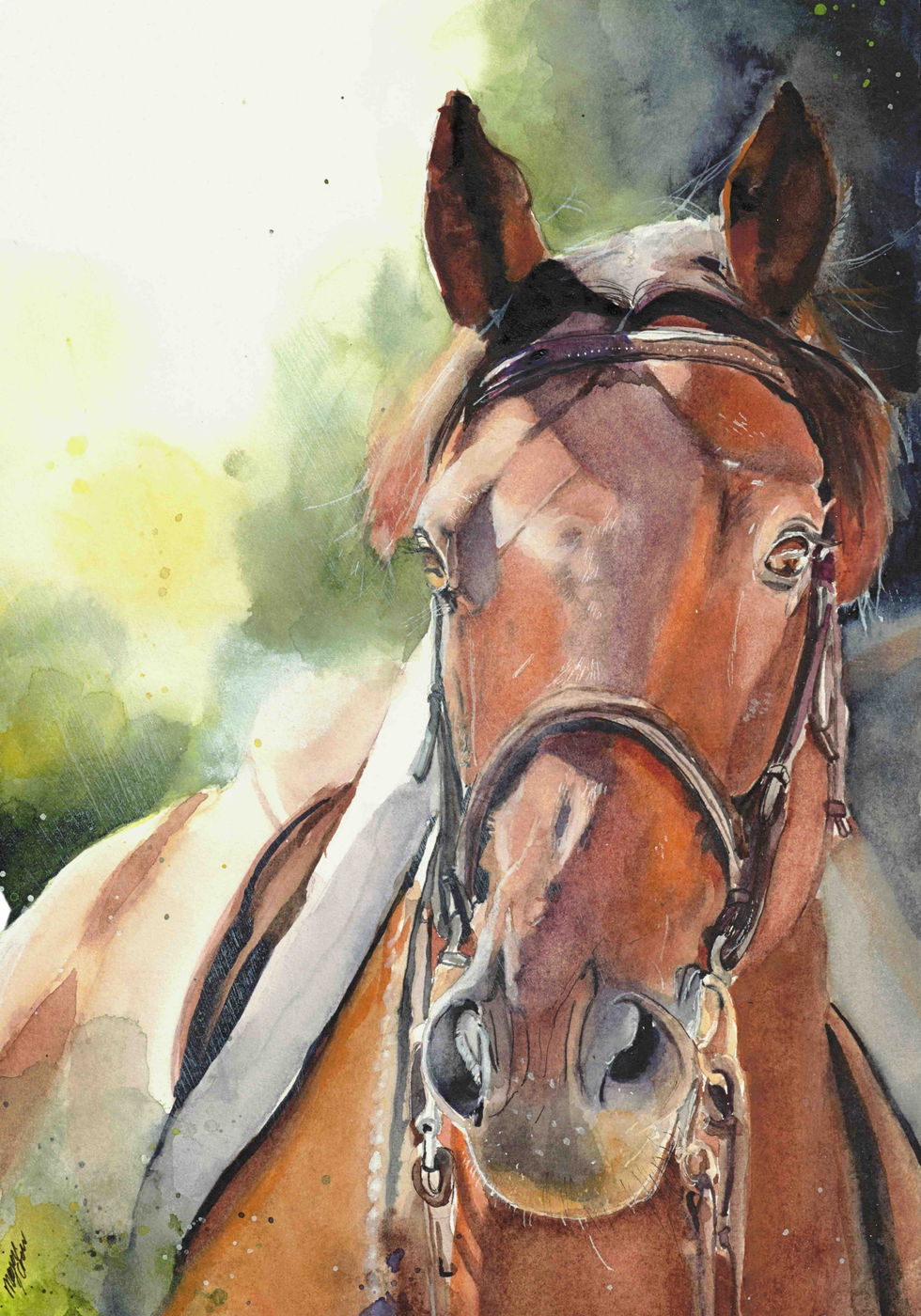 a painting of a brown horse wearing a bridle