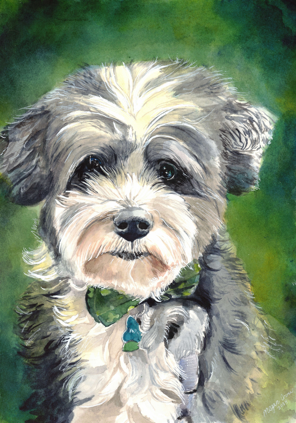 a painting of a small dog wearing a green bow tie
