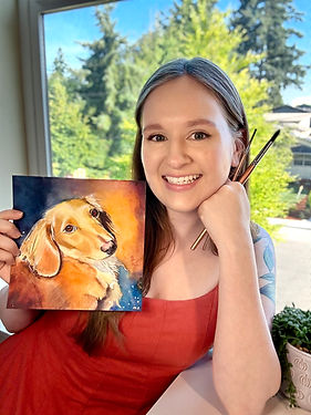 Megan Crow, with a dachshund watercolor painting