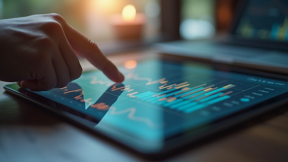 Close-up view of a hand pointing at a graph on a tablet screen