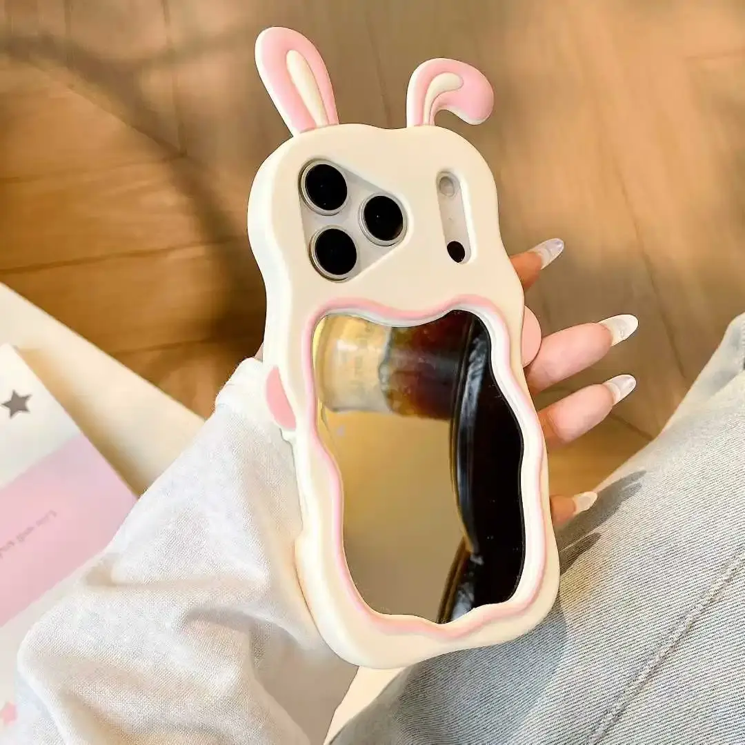 Cute Rabbit Mirror Silicone Case for iPhone 11 to 17 Pro Max