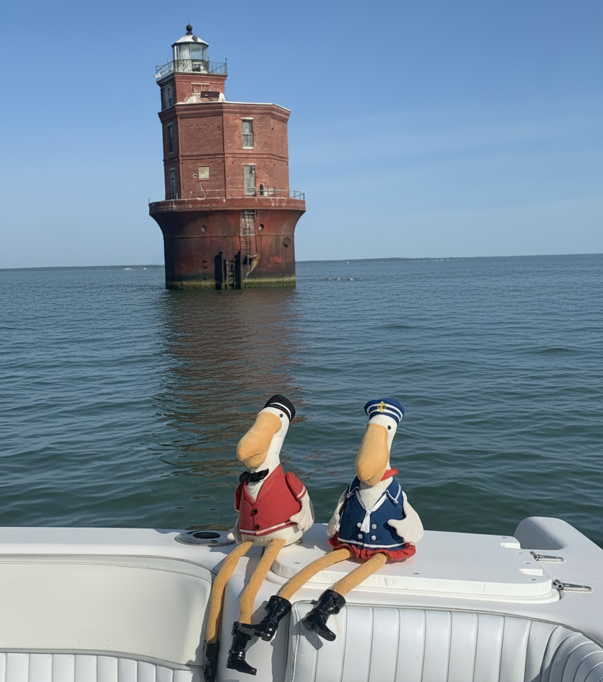 Two stuffed pelican dolls sit on the back of a boat, wearing nautical outfits, hats, and boots. Behind them sits an old brick lighthouse and blue water.
