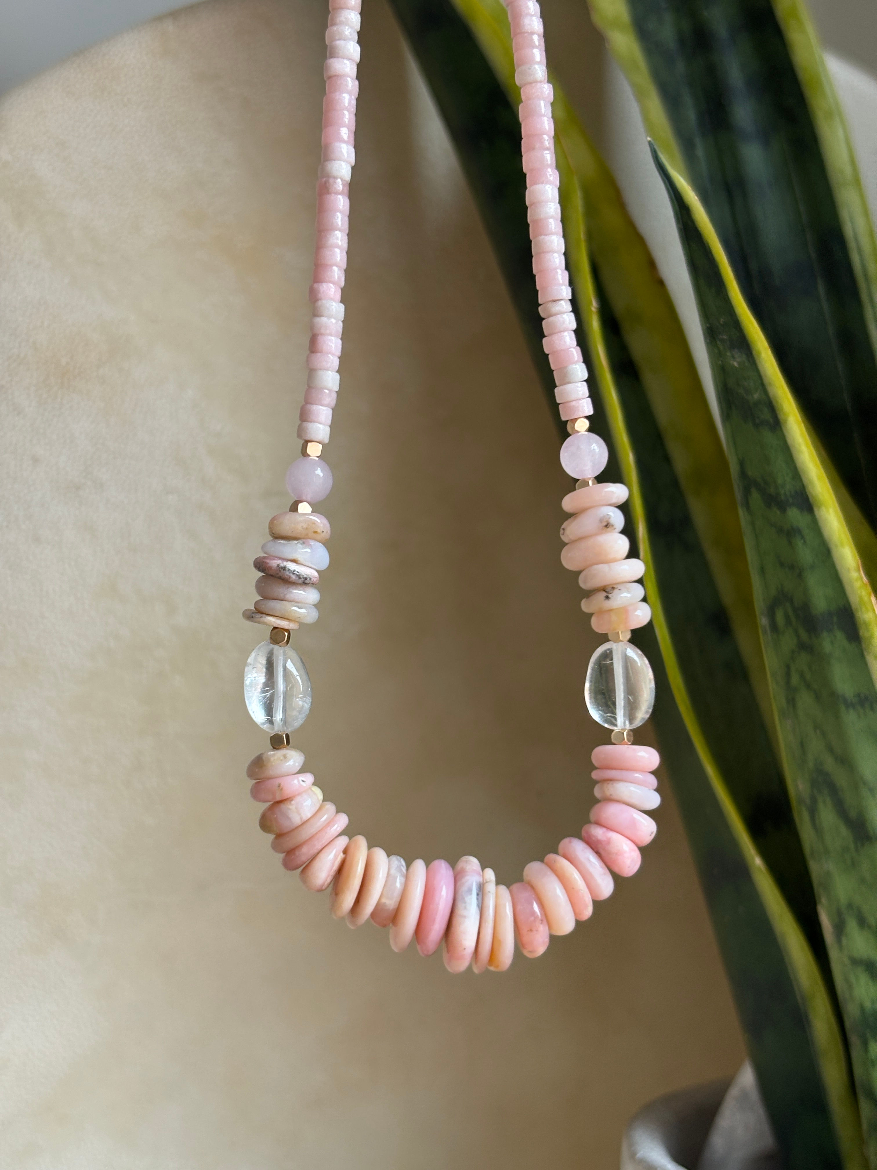 Pink Opal & Clear Quartz Necklace 
