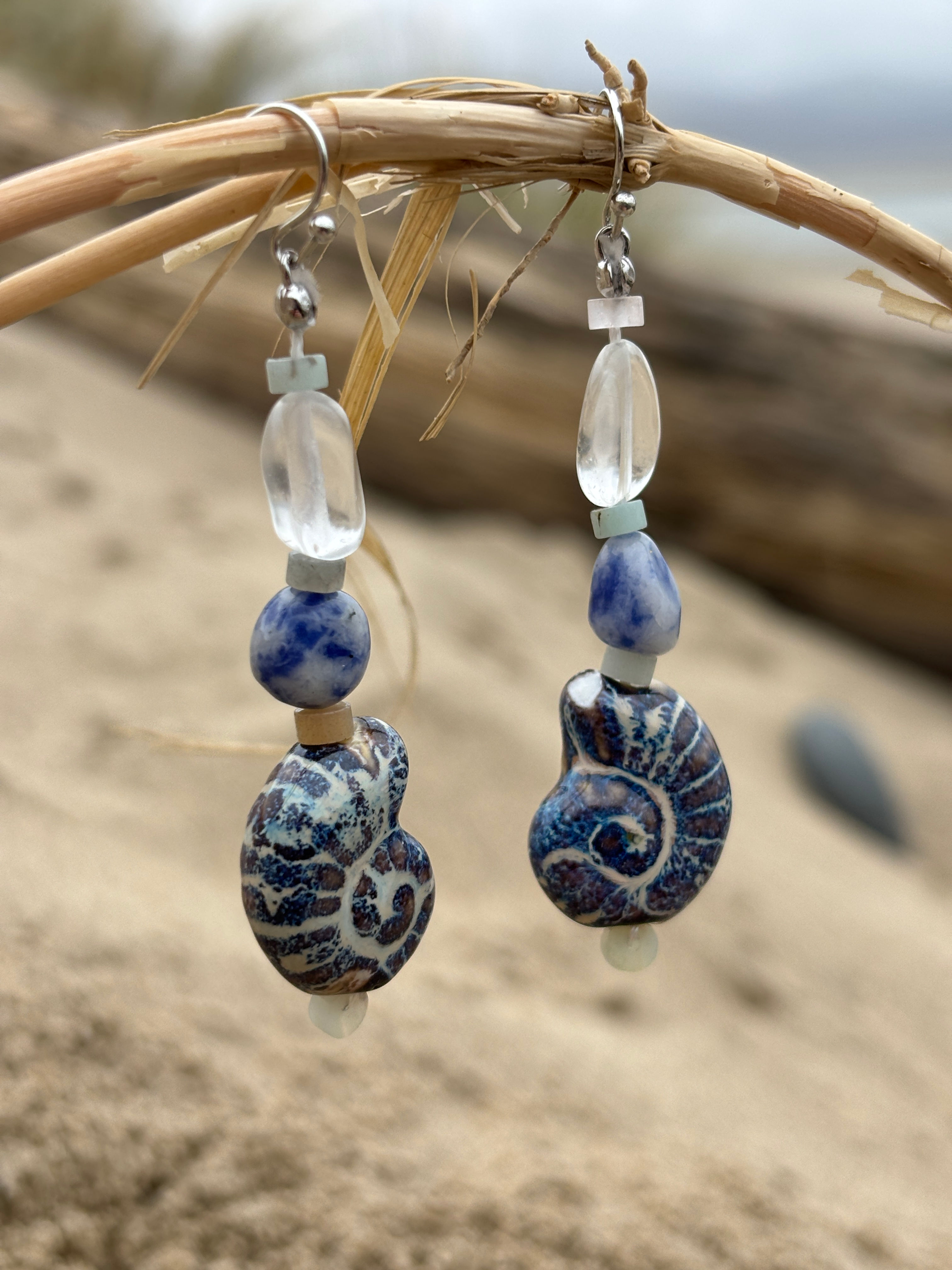 Clay Ammonite & Quartz Earrings 