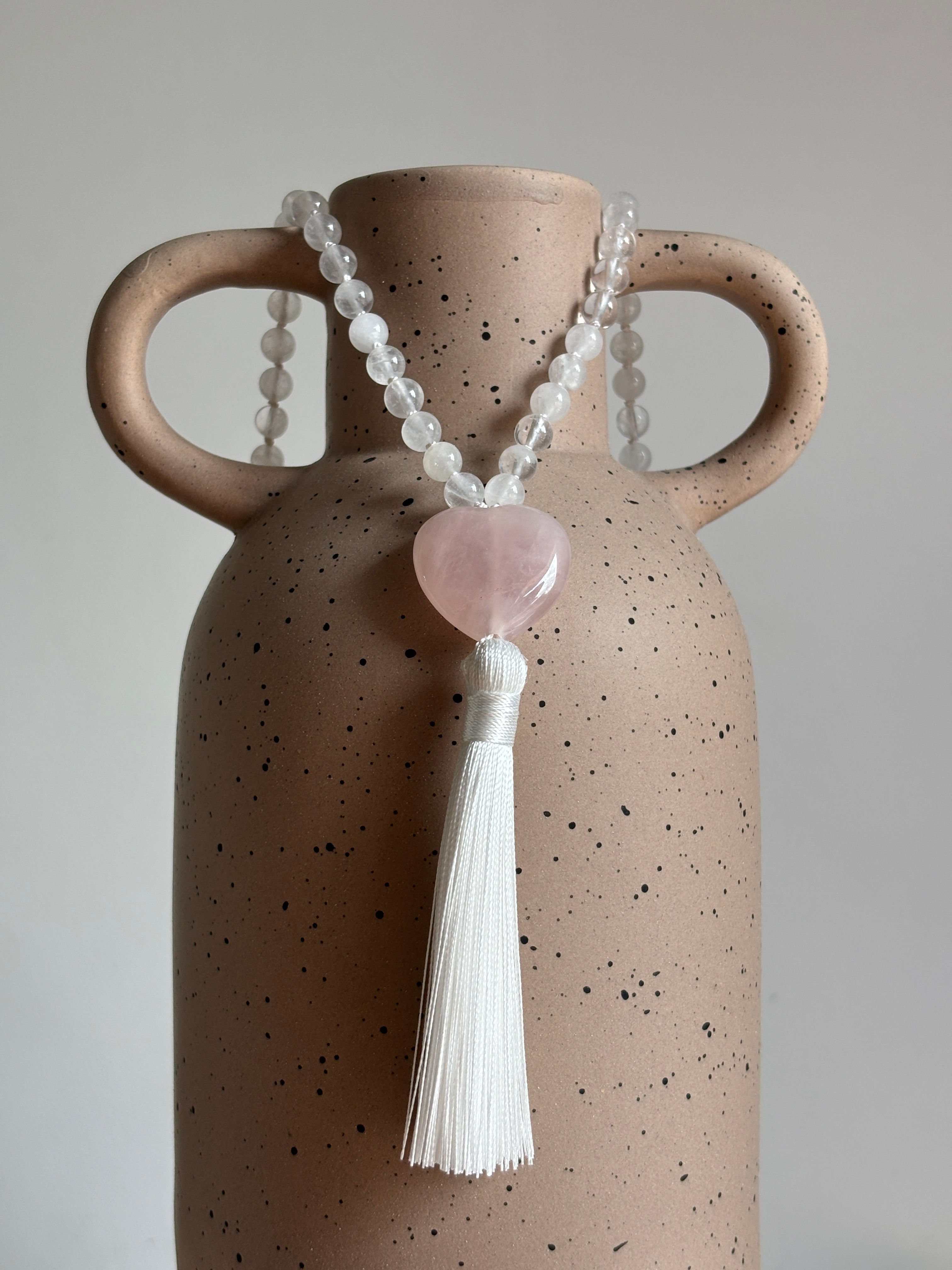 Clear Quartz & Rose Mala Necklace