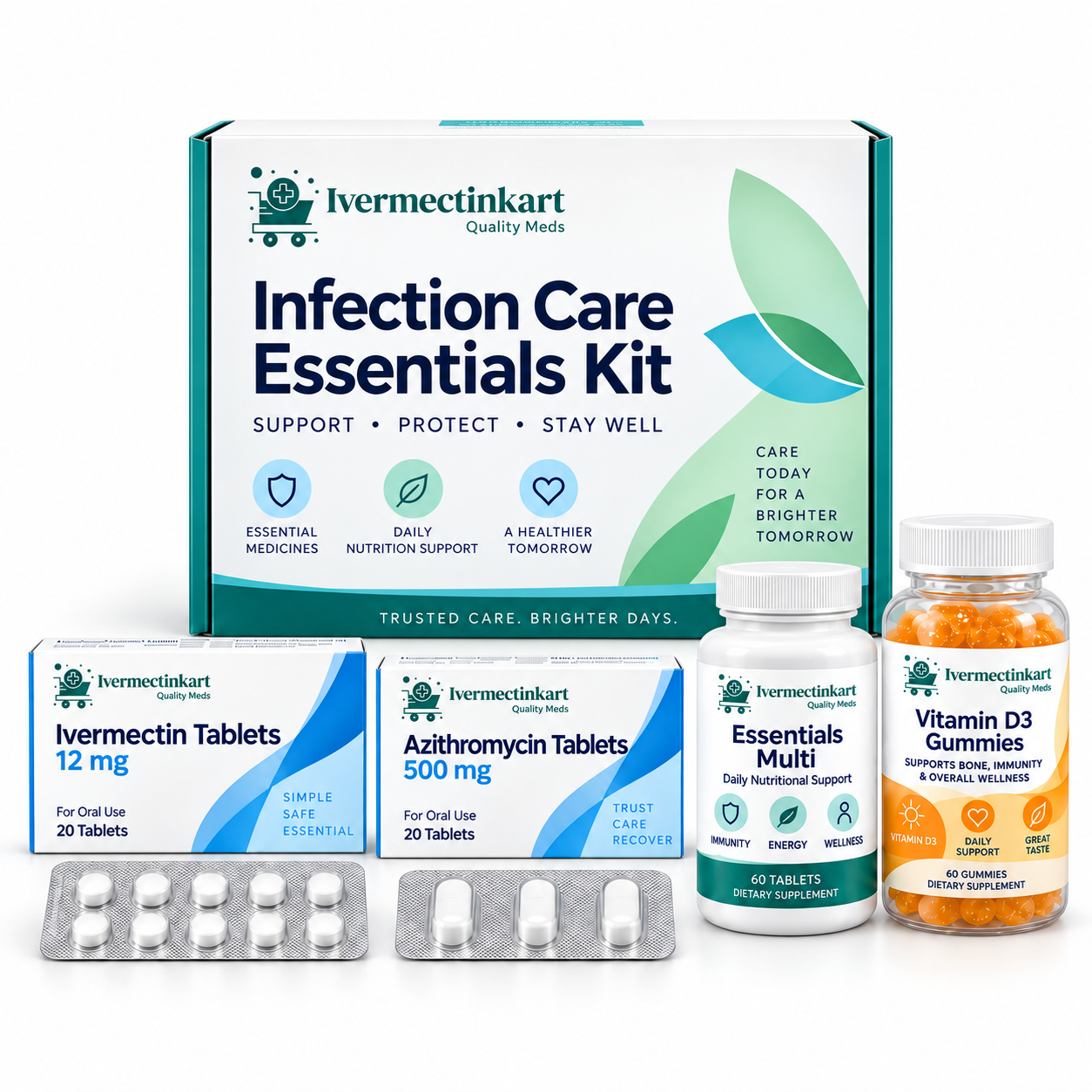 Infection Care Essentials Kit with ivermectin tablets, azithromycin tablets, Essentials Multi and Vitamin D3 | IvermectinKart