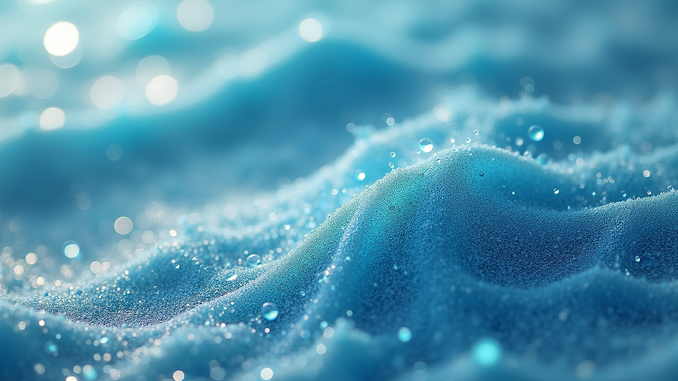 Close-up view of a handmade ocean art piece featuring vibrant blues and sandy textures