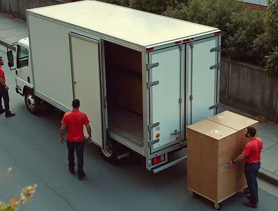 Professional movers loading furniture into a closed transport truck for safe delivery services in Khobar and Dammam