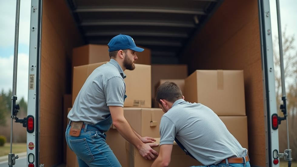 Close-up view of professional movers securing furniture in a moving truck