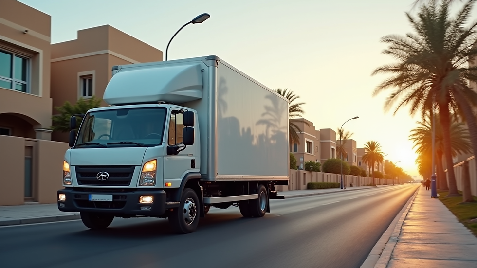High angle view of a moving truck parked on a residential street in Jeddah