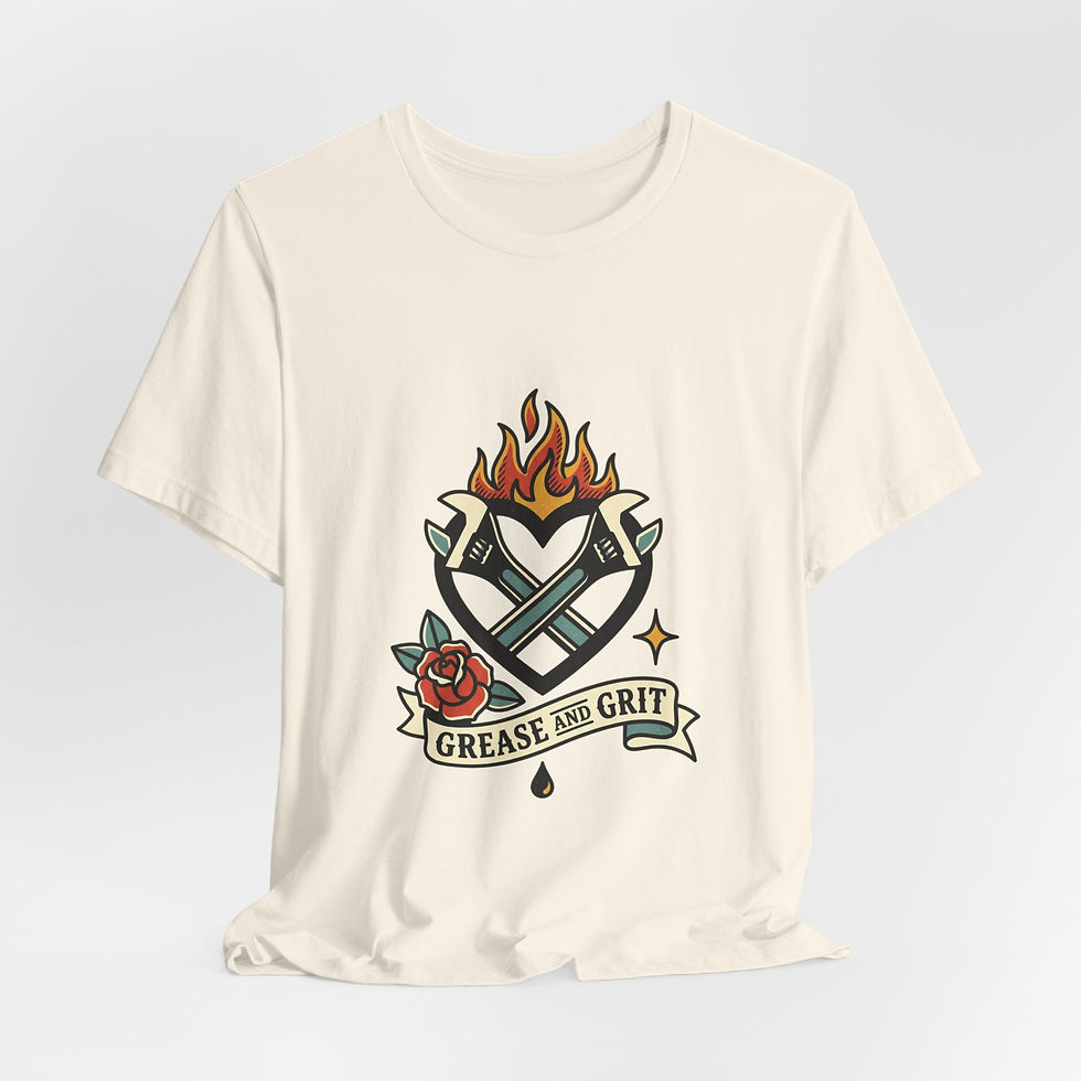 Thumbnail: Grease and Grit Heart Flame Tattoo Tee | Traditional Flash, Banner & Rose