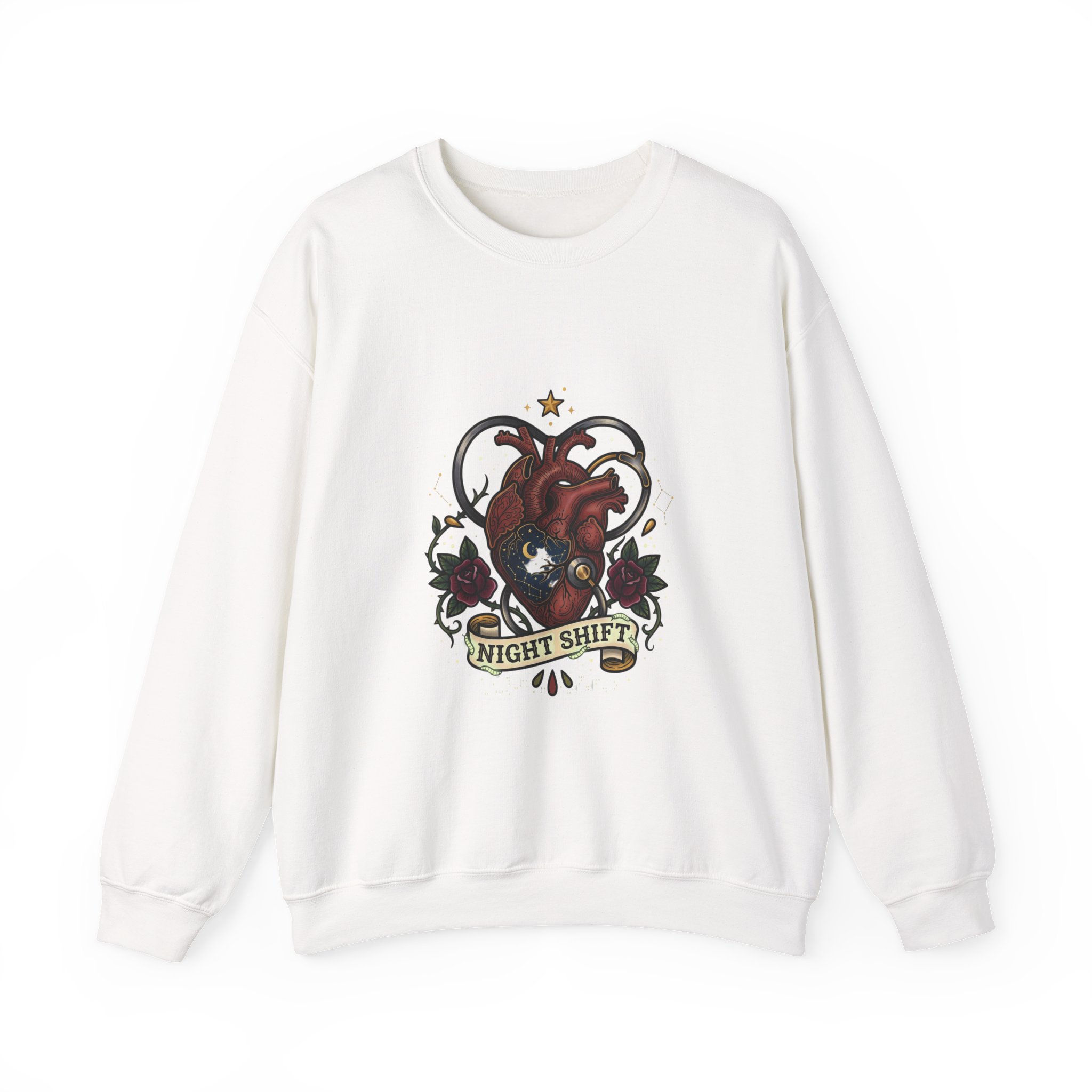 Night Shift Heart Tattoo Sweatshirt | Traditional Tattoo Flash, Banner & Roses