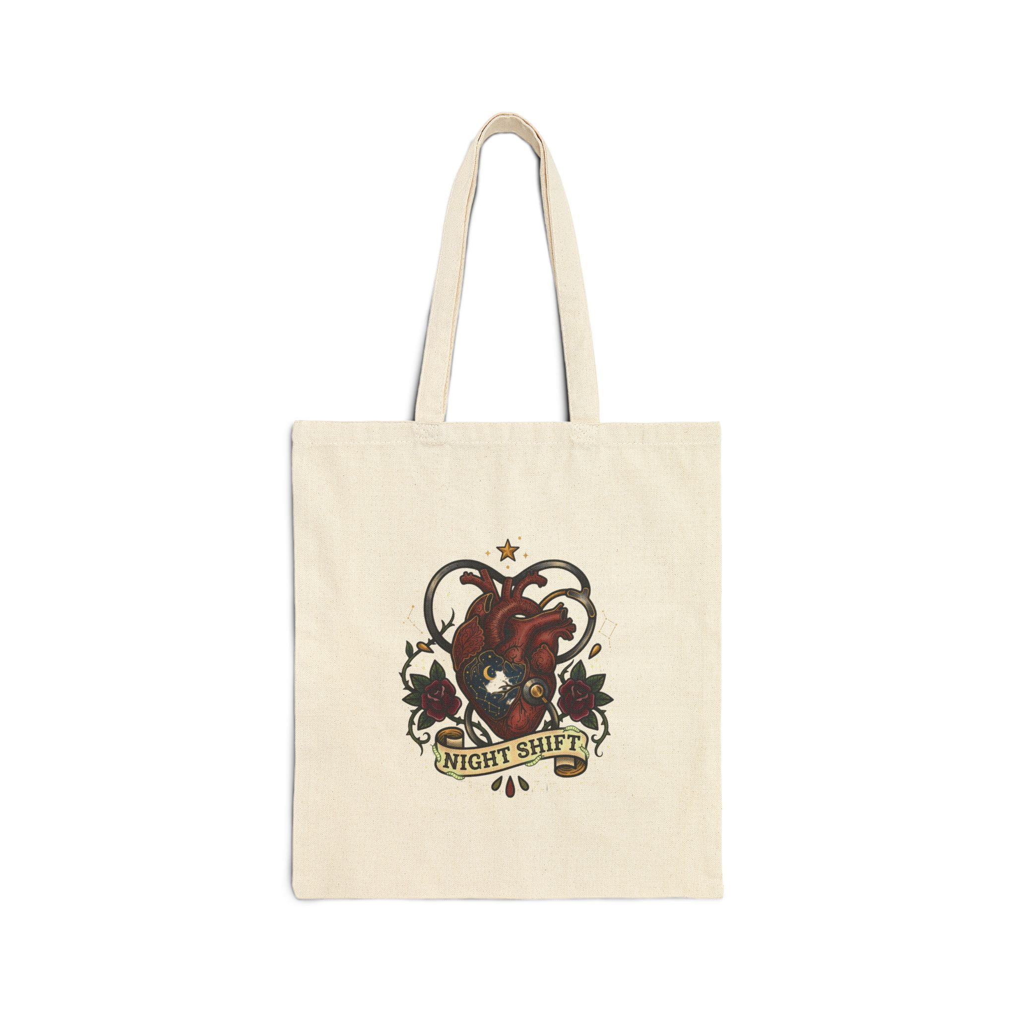 Night Shift Heart Illustration Tote | Traditional Tattoo-Inspired Floral Banner
