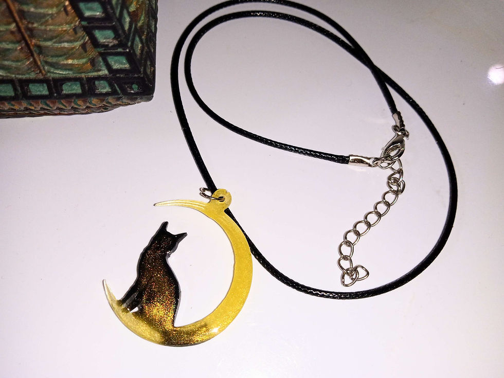 Thumbnail: Black cat on the crescent of the moon:Resin pendant with black cord necklace 