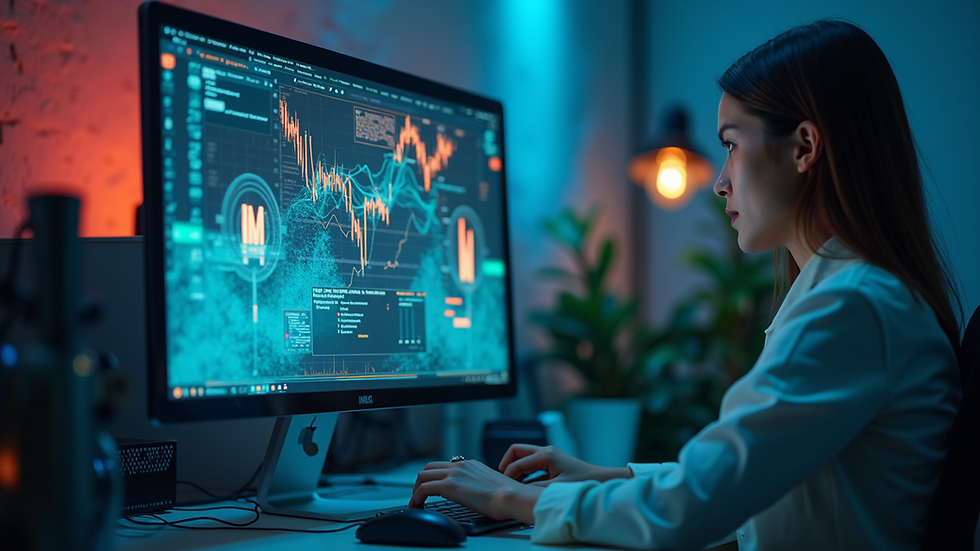 Vista frontal de uma tela de computador com gráficos de produtividade e IA