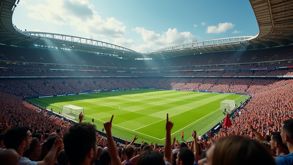 High angle view of a crowded soccer stadium with fans celebrating