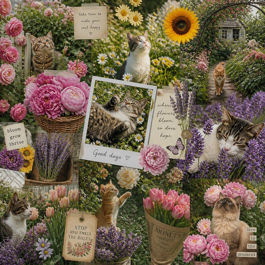 Moodboard collage covered in different garden flowers and cats in the garden, featuring va