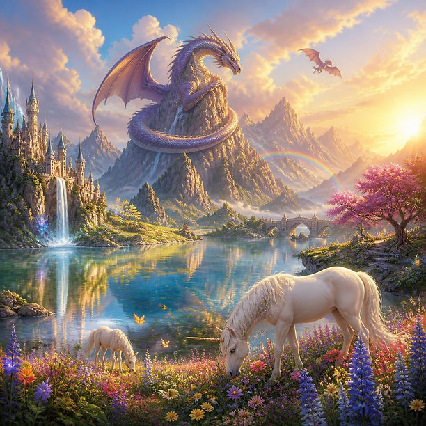 Colorful fantasy landscape with dragons and unicorns.jpg