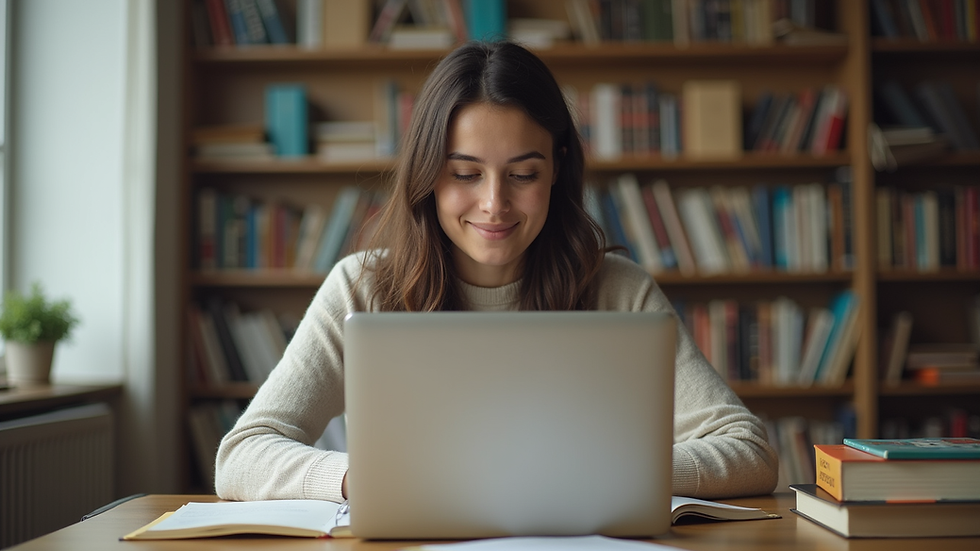 Eye-level view of a student studying with books and a laptop