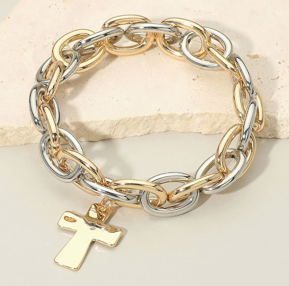 Metal Cross Charm Chunky Chain Silver & Gold Link Stretch Bracelet