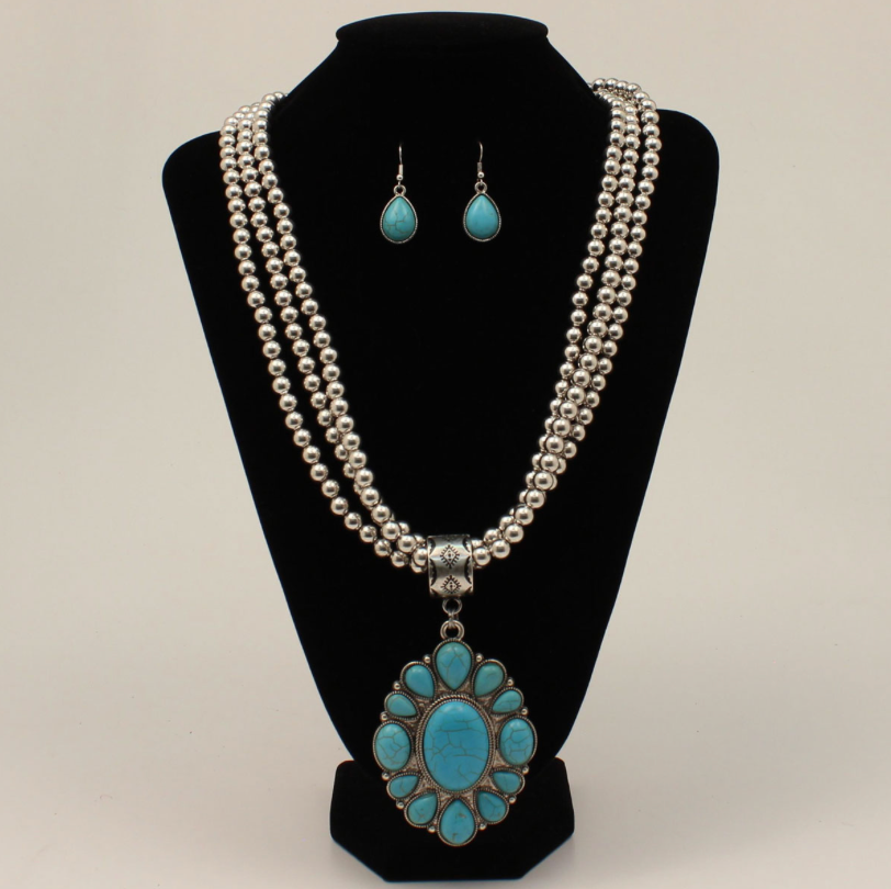 SILVER STRIKE NECKLACE AND EARRING SET TRIPLE STRAND BEADED TURQUOISE PENDANT
