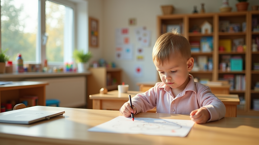 Eye-level view of Montessori classroom with organized shelves and learning materials