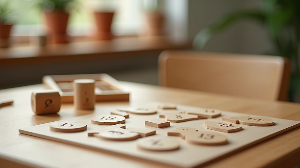 Close-up view of Montessori math materials arranged on a wooden table