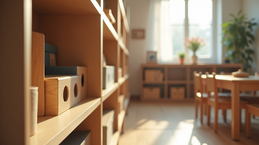 Eye-level view of Montessori classroom shelves with educational materials