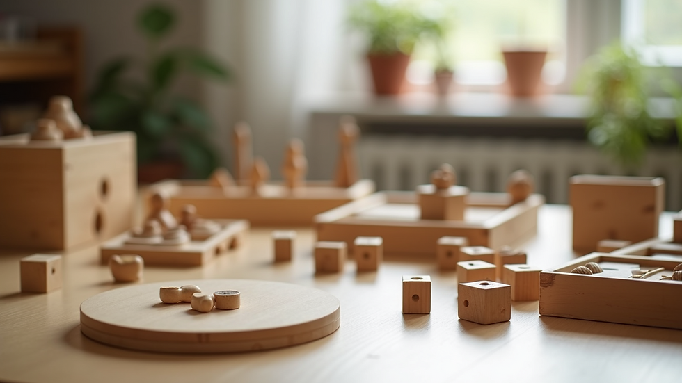 Close-up view of Montessori materials arranged for mixed-age classroom
