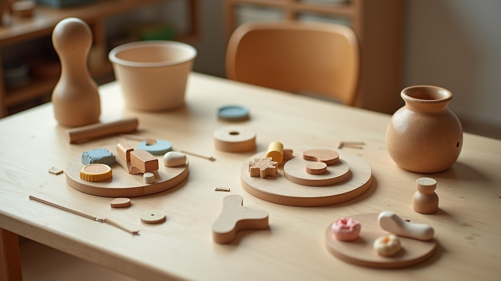High angle view of Montessori sensorial materials arranged on a table