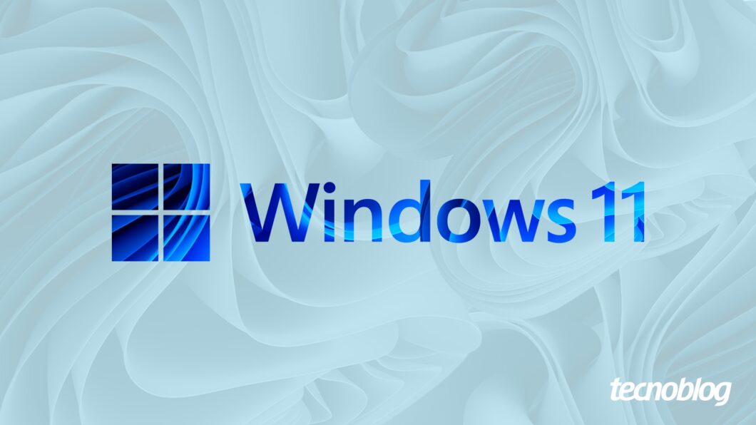 Imagem mostra o logotipo do Windows 11 em fonte de cor azul. Na parte inferior direita, o logotipo do "tecnoblog" é visível.