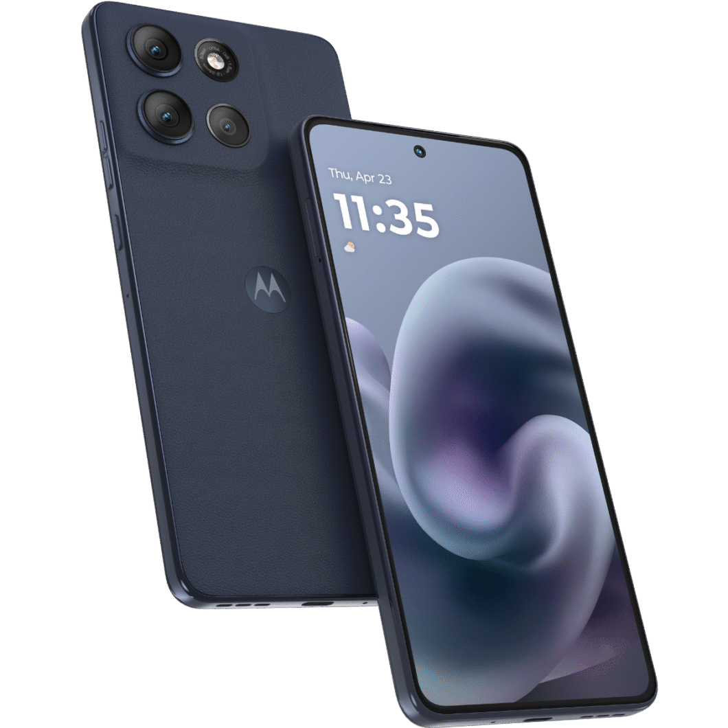 Moto G86 na cor grafite com tela e traseira em exposição 