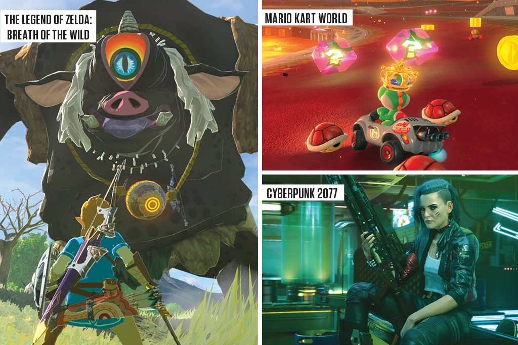 Imagem com três cenas dos jogos do Switch 2: The Legenda Of Zelda, Mario Kart World e Cyberpunk 2077.